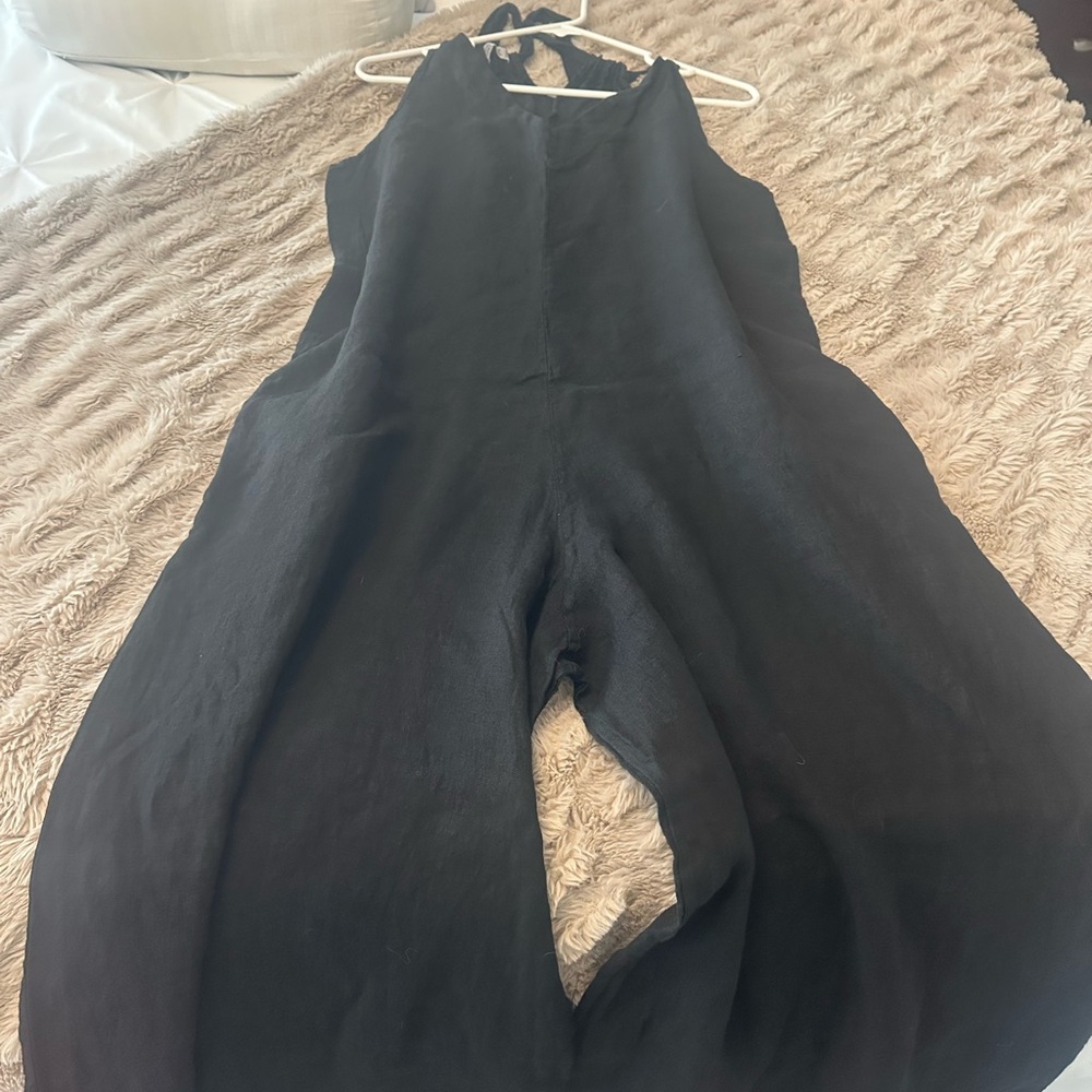 Made in Italy 100% linen Black Jumpsuit wide leg one size